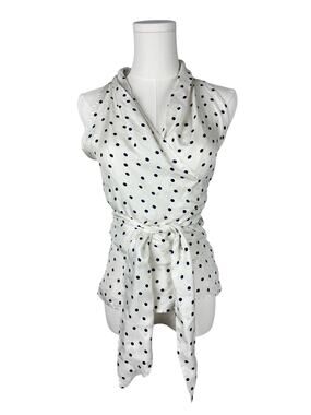 Max Mara Y2K Italian Silk White Black Polka Dot Sleeveless Wrap Top M